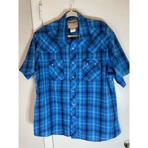 Wrangler Men's Shirt Pearl Snap Blue Black Plaid Short Sleeve Size M